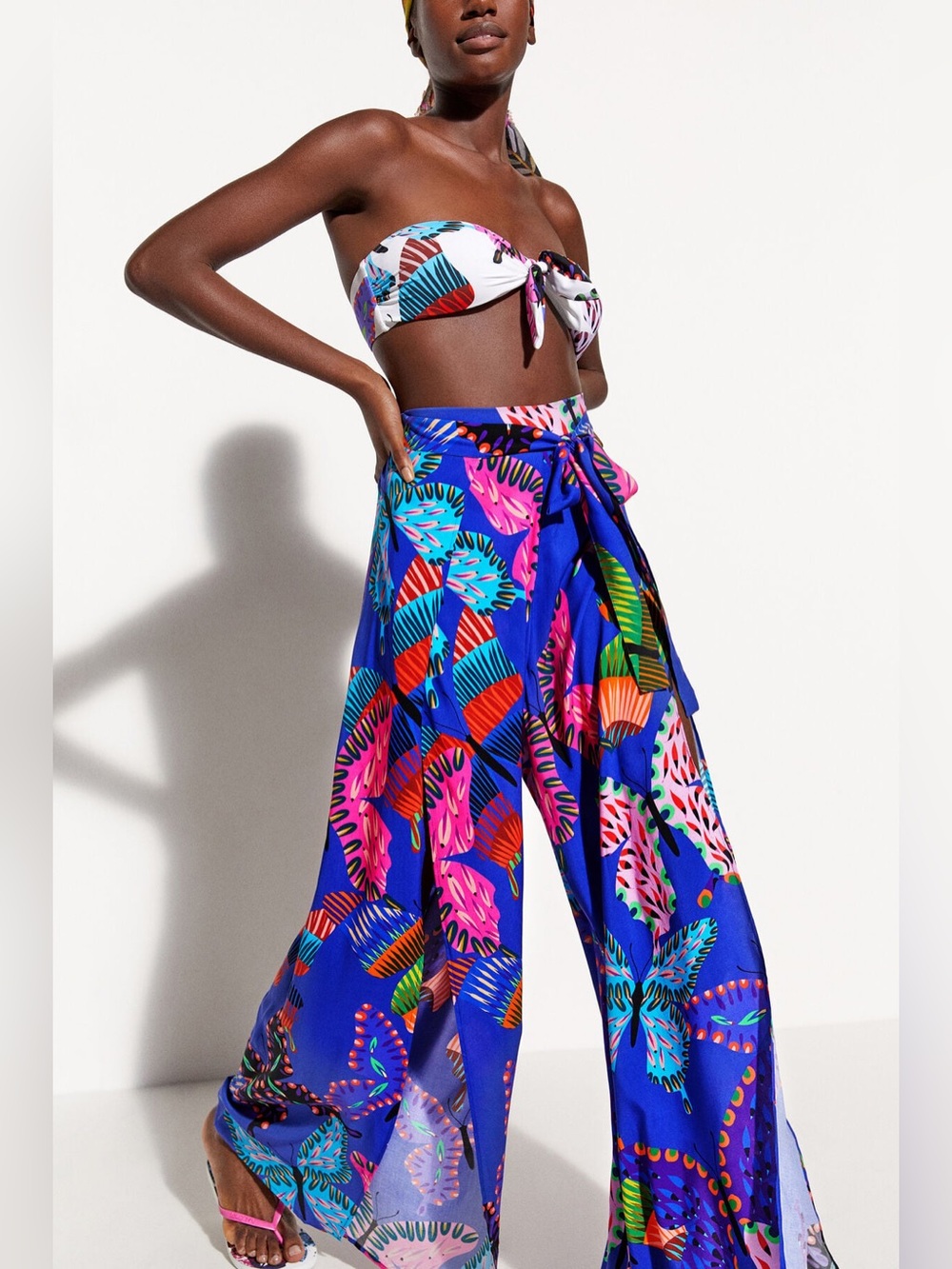 New! Desigual Slit Culottes Tie Waist Tropical Butterfly Print Wide Leg Pants🦋 S